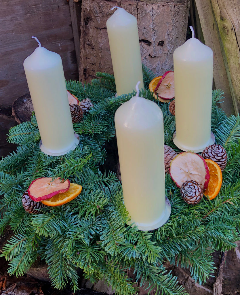 Advent wreath with long lasting pillar candles 
